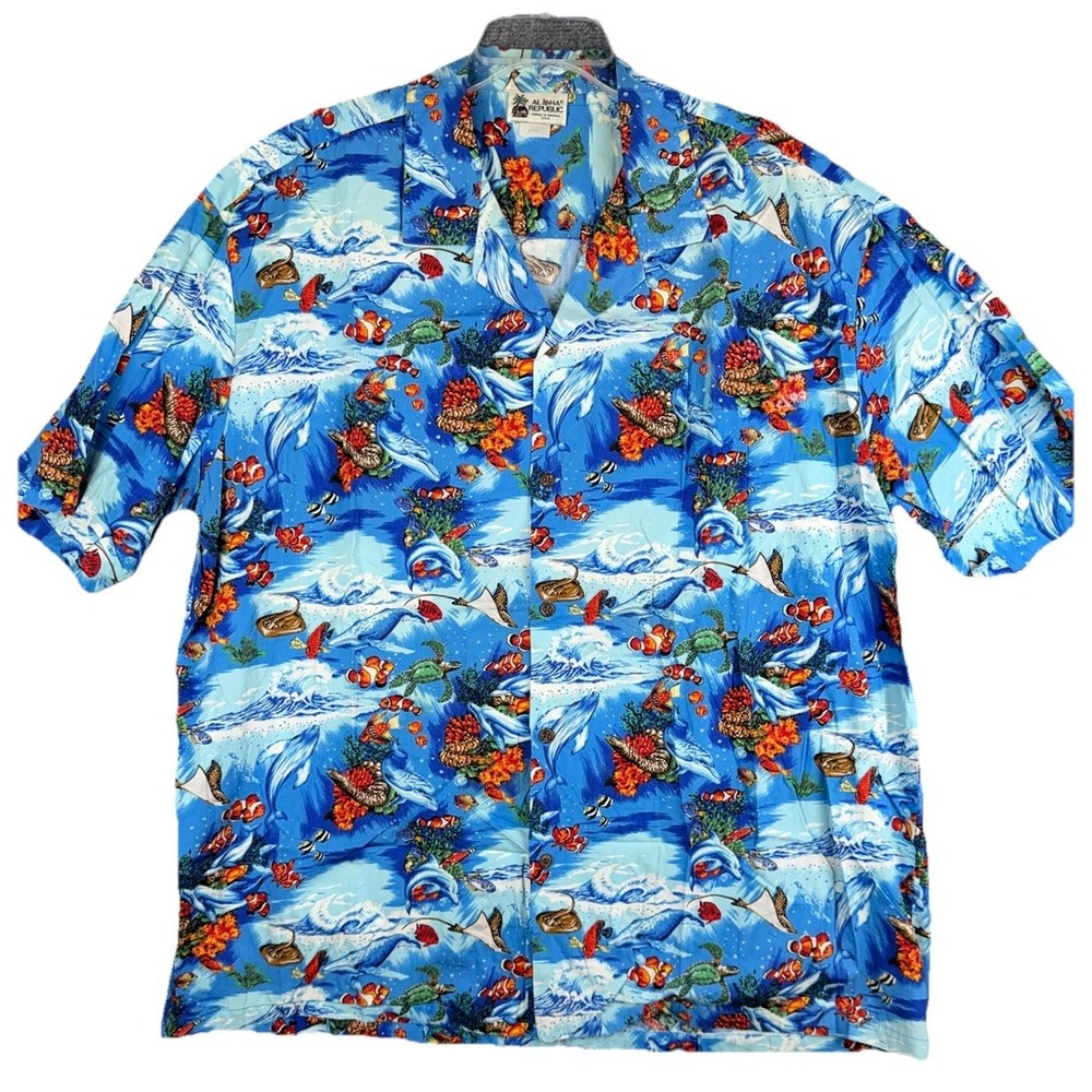 Aloha Republic Hawaiian Shirt Mens 2XL Button Up Volcano Reef Fish Hawaii USA